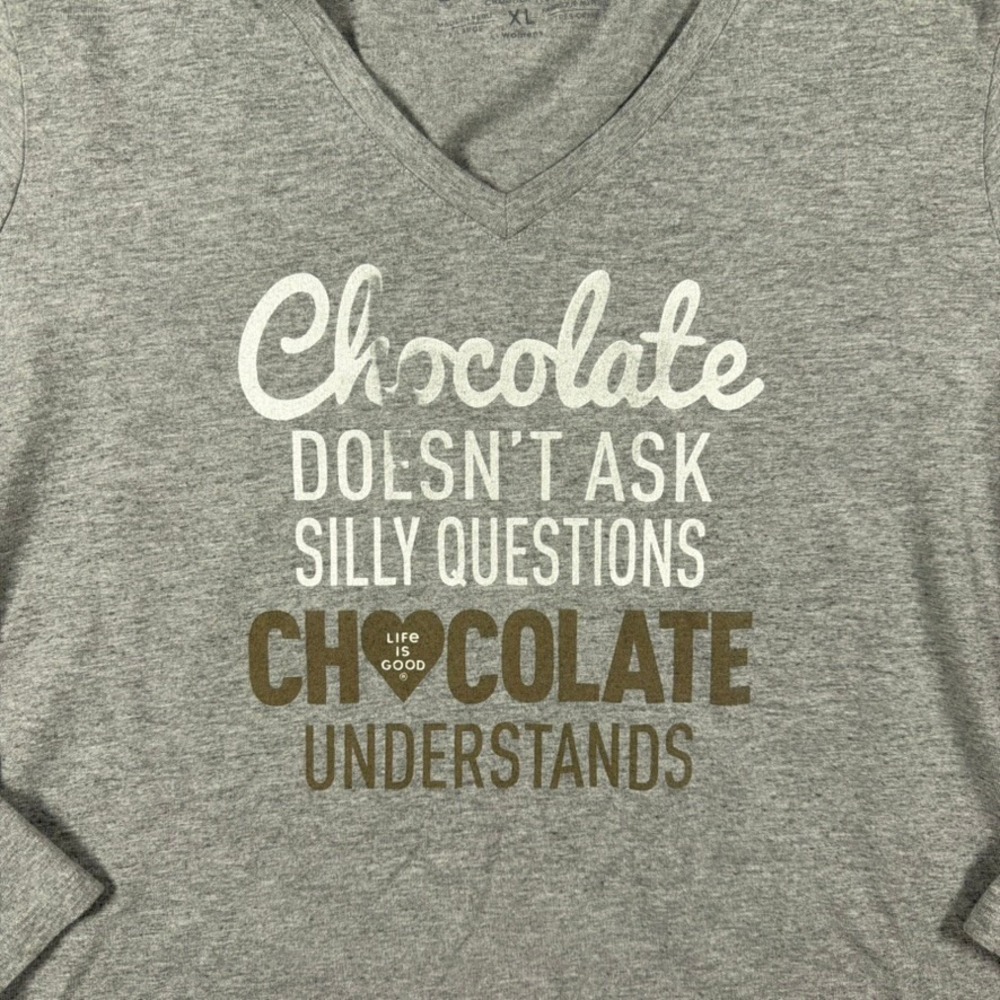 Life is Good Crusher Tee Womens Size‎ XL Gray Chocolate Quote Long Sleeve V-Neck - Picture 2 of 14